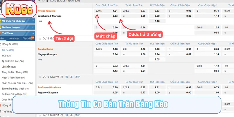 Thông tin cơ bản hiển thị trên bảng kèo tại KO66