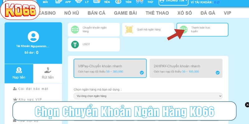 Chọn cách thức nạp bằng ví điện tử trong danh sách