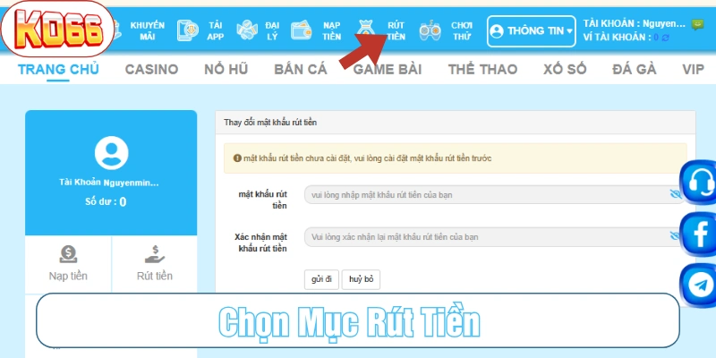 Chọn yêu cầu rút tiền tại màn hình tài khoản