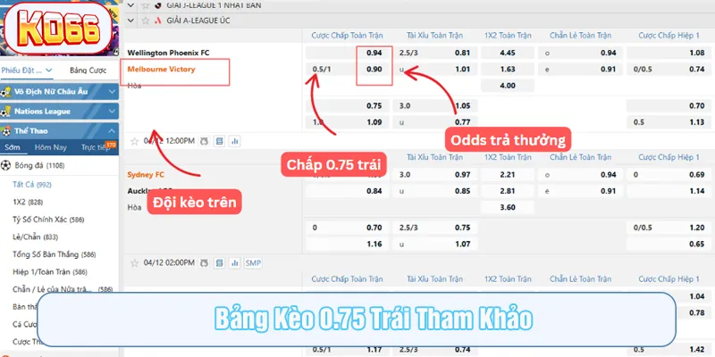 Tham khảo bảng kèo 0.75 trái tại KO66