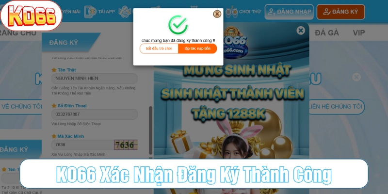 Thông báo tạo tài khoản thành công tại KO66